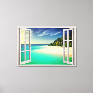 Paradisischer Blick durch die Fenstertäuschung Leinwanddruck