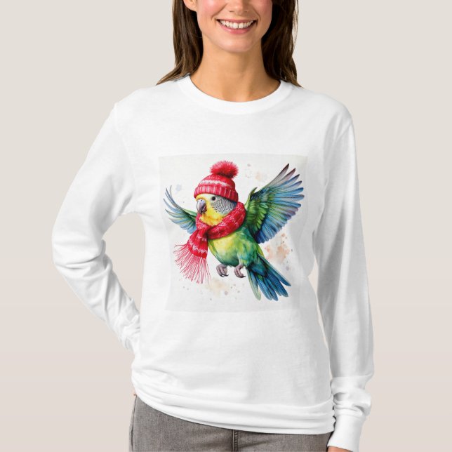 Parakeet in Hut und Scarf T-Shirt (Vorderseite)