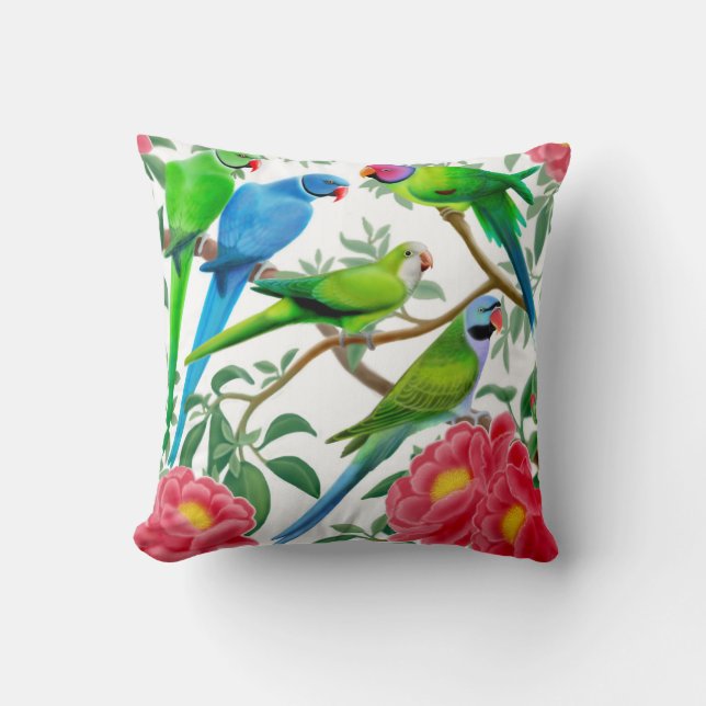 Parakeets im Pfingstrosen-Blumen-Kissen Kissen (Vorderseite)
