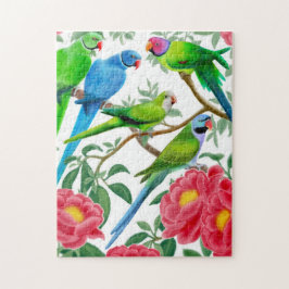 Parakeets im Pfingstrosen-Blumen-Puzzlespiel