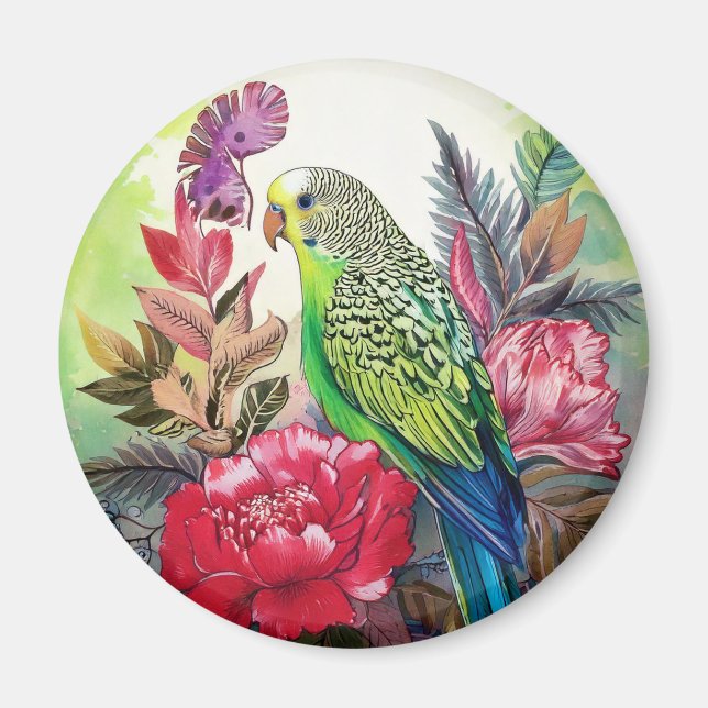 Paraket und Rote Blume Magnet (Vorne)