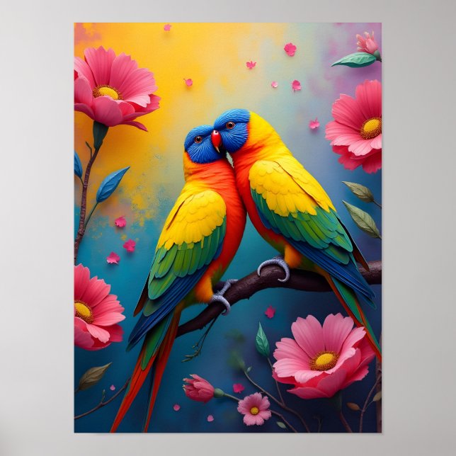 Parakets in schönen Farben und Blume Poster (Vorne)