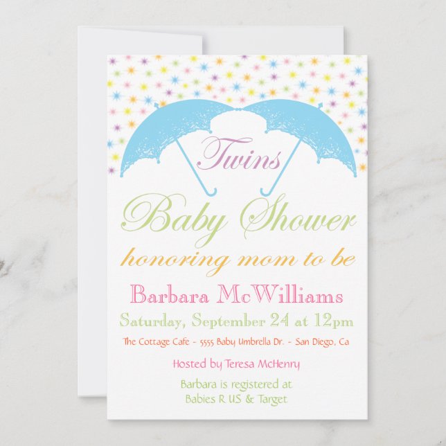 Parapluie Baby Boy Twins Douche Invitations (Devant)