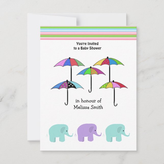 Parapluies et éléphants Baby shower Invitation (Devant)
