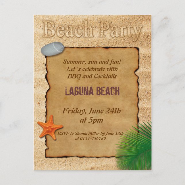 Parchment auf Sand Beach Party Einladung Postkarte (Vorderseite)