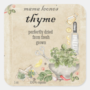 Parchment Vintage Spice Thym Glasflasche Quadratischer Aufkleber