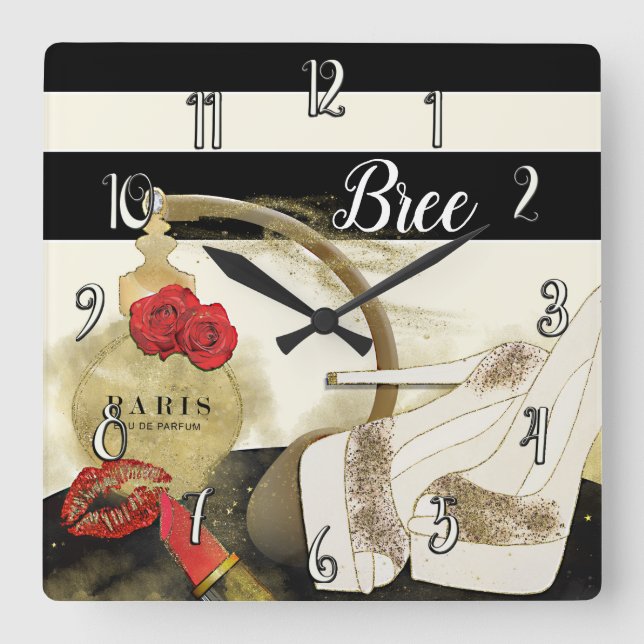 Parfum Parfum Parfüm Rose Heelse & Lipstick Quadratische Wanduhr (Vorderseite)
