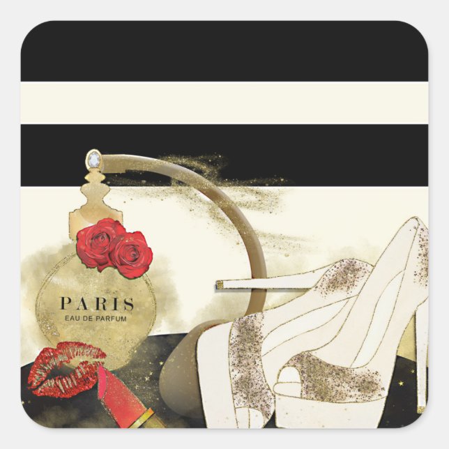 Parfum Parfum Parfüm Rose Heelse & Lipstick Quadratischer Aufkleber (Vorderseite)