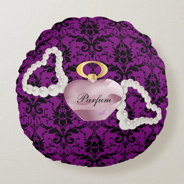 Parfum & Pearls Lila 3 Damask Round Kissen (Vorderseite)
