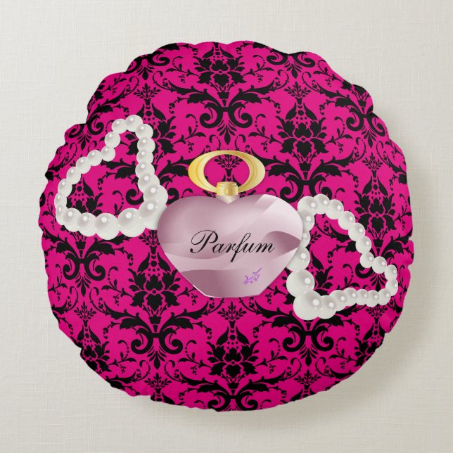 Parfum & Pearls Rosa Damask Rundkissen Rundes Kissen (Vorderseite)