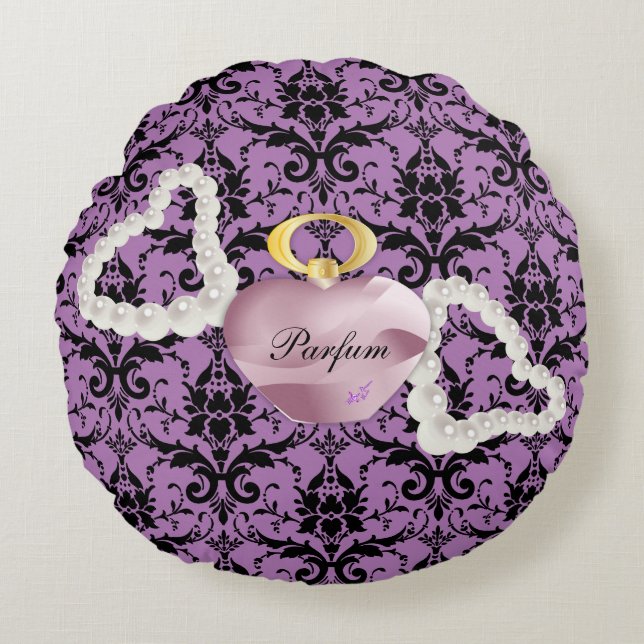 Parfum & Perlen Lila Damask Rundkissen Rundes Kissen (Vorderseite)