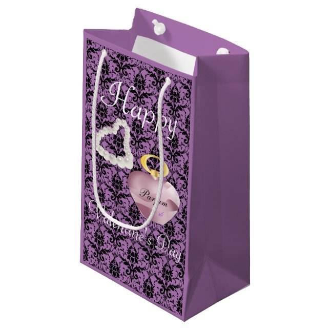 Parfum & Perlen Lila Damast Valentinstag Kleine Geschenktüte (Vorderseite Schrägansicht)