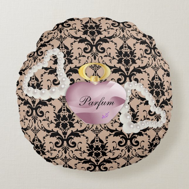 Parfum & Perles Taupe Damask Coussin rond (Devant)