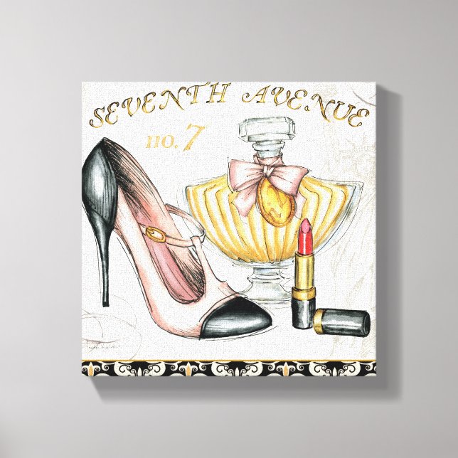 Parfüm, roter Lipstick und High Heeled Schuhe Leinwanddruck (Vorderseite)