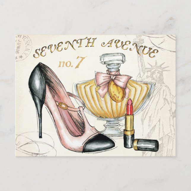 Parfüm, roter Lipstick und High Heeled Schuhe Postkarte (Vorderseite)