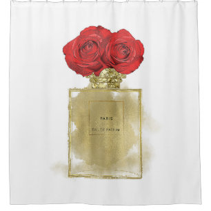 Parfümflasche Blumendesign rote Rosen Gold Glamour Duschvorhang