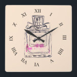 Parfümflaschen-Modeillustrations-Popkunst Quadratische Wanduhr<br><div class="desc">Eine stilvolle Illustrationsuhr der Mode von einer Originalvorlage durch Künstler Sacha Grossel einer Vintagen Parfümflasche des rosa Parfüms. Diese Wasserfarbeillustration eines Luxusmarkenparfüms ist in der Popkunstart und die Hintergrundfarbe ist kundengerecht.</div>