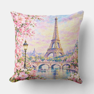 Paris Aquarell Eiffelturm Rosa Floral Französisch Kissen