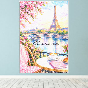 Paris Aquarell Eiffelturm Rosa Floral Französisch Leinwanddruck