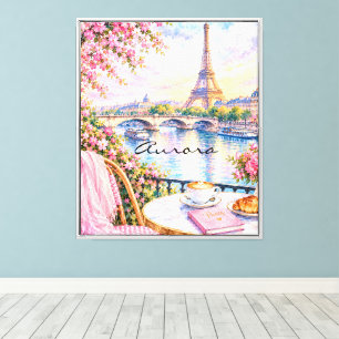 Paris Aquarell Eiffelturm Rosa Floral Französisch Leinwanddruck