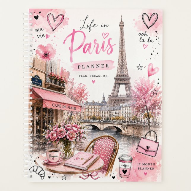 Paris-Aquarell-Rosa-Monatsplaner Planer (Vorderseite)
