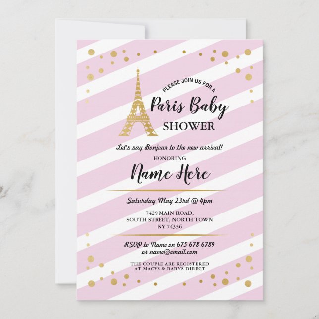 Paris Baby Dusche Girl Gold Pink Eiffelturm Einladung (Vorderseite)