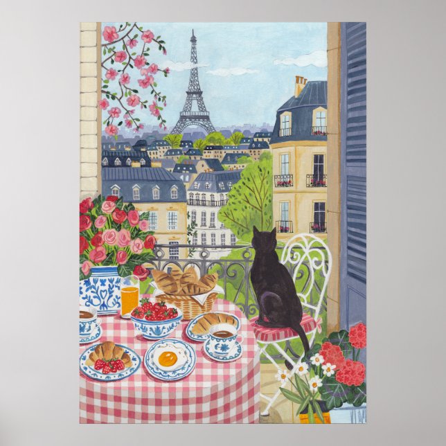 Paris Balcony Breakfast Cat Eiffel Tower View Arts Poster (Vorne)