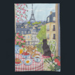 Paris Balcony Cat Breakfast Eiffel Tower Tea Towel Geschirrtuch<br><div class="desc">Charming Paris balcony scene featuring a black cat watching the Eiffel Tower while a delicious French breakfast of croissants, strawberries, and coffee sits on a checkered table. This illustrated Paris kitchen towel adds a cozy French café atmosphere to your kitchen and makes a perfect gift for cat lovers, Paris lovers,...</div>