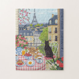 Paris Balkon Katze Frühstück Eiffelturm