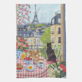 Paris Balkon Katze Frühstück Eiffelturm Geschirrtu Geschirrtuch