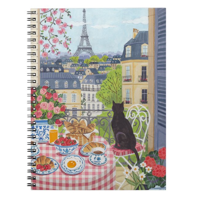Paris Balkon Katze Frühstück Eiffelturm Notizbuch Notizblock (Vorderseite)
