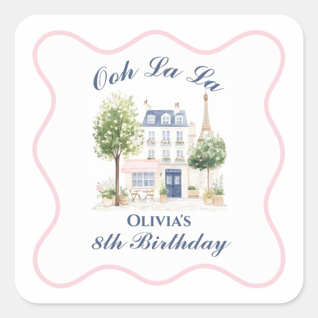 Paris Birthday Parisian Cafe Tea Party Quadratischer Aufkleber (Vorderseite)