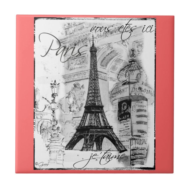 Paris Black & White Eiffel Tower Street Scene Fliese (Vorderseite)