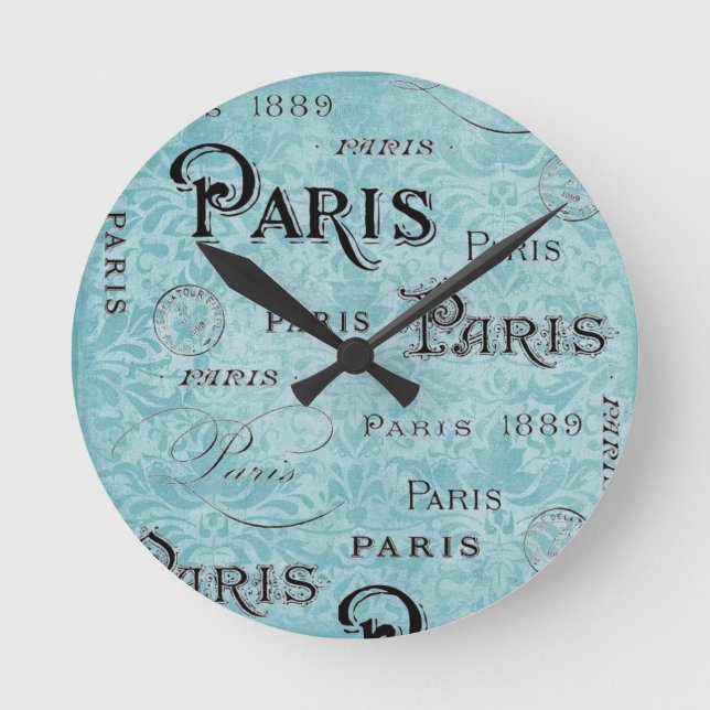 Paris | Blauer Damast Runde Wanduhr (Vorderseite)