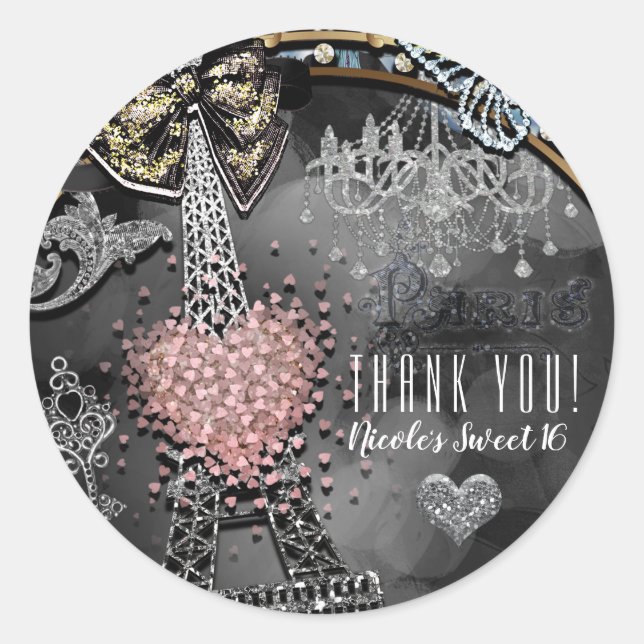Paris Bling Glamour Sparkle Frankreich Süß 16 Part Runder Aufkleber (Vorderseite)