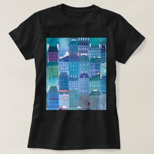 Paris Blues Modernes Stadtbild T-Shirt (Design vorne)