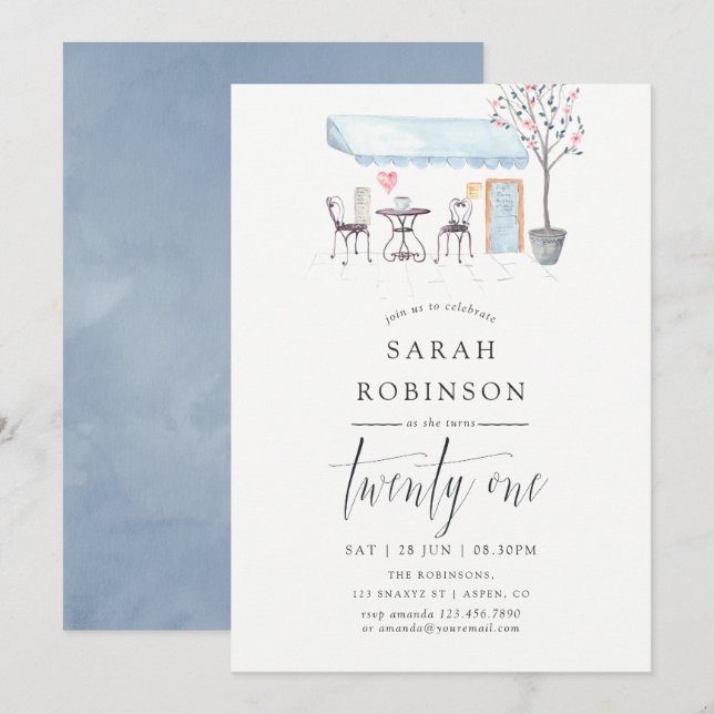 Paris Cafe Aquarelle 21e Invitation de fête d'anni (Devant / Derrière)