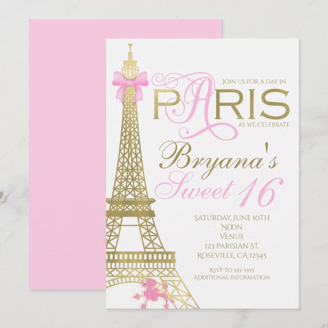 Paris Chic Elegante Rosa und Gold Party Einladunge Einladung (Vorne/Hinten)
