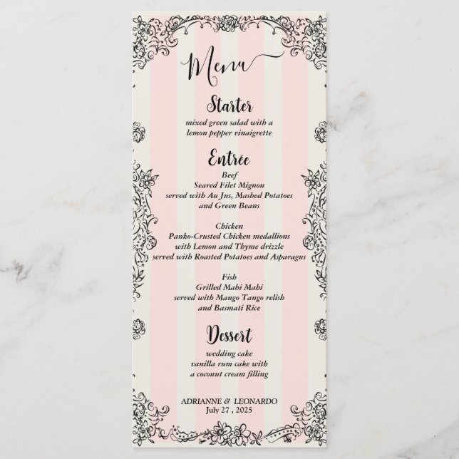 Paris Chic Verziert Pink Stripes Skript-Hochzeitsm Menükarte (Vorderseite)