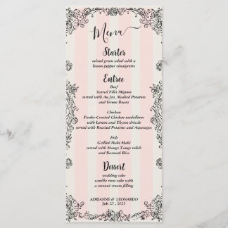 Paris Chic Verziert Pink Stripes Skript-Hochzeitsm Menükarte