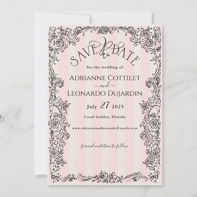 Paris Chic Verziert Pink Stripes Wedding Save The Date (Vorderseite)