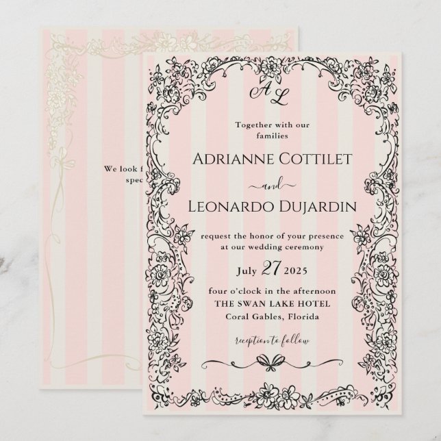 Paris Chic Verziert rosa Streifen Hochzeit Einladu Einladung (Vorne/Hinten)