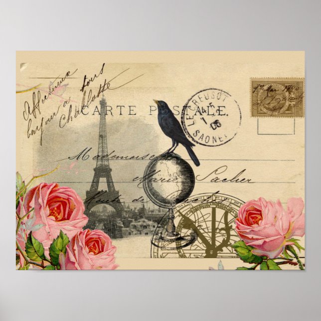 Paris Crow Globe Französische Postkarte Rose Print Poster (Vorne)