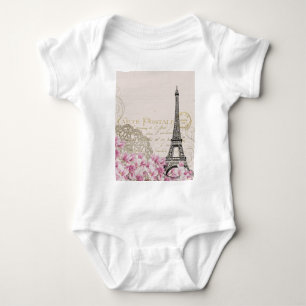 Paris Eifel Tower Square Vintag Pink Roses Art Baby Strampler
