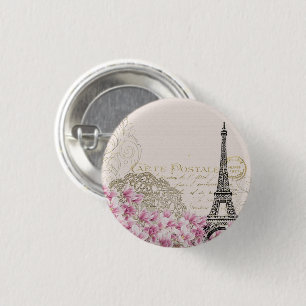 Paris Eifel Tower Square Vintag Pink Roses Art Button