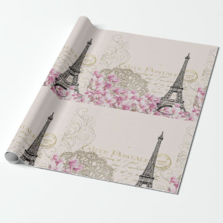 Paris Eifel Tower Square Vintag Pink Roses Art Geschenkpapier