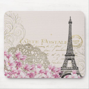Paris Eifel Tower Square Vintag Pink Roses Art Mousepad