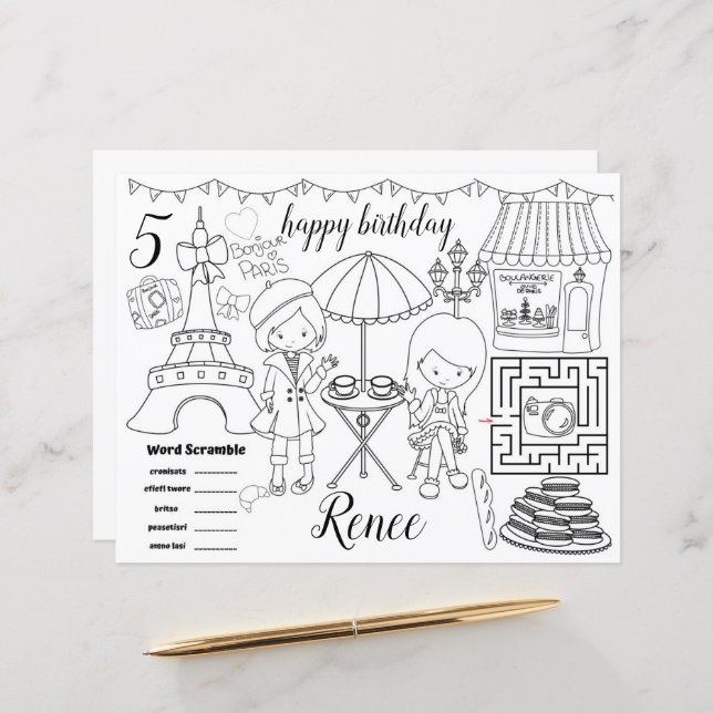 Paris Eiffel activity color sheet placemats (Vorderseite/Rückseite Beispiel)