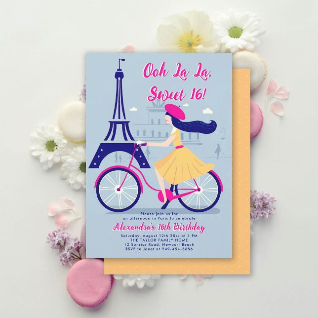Paris Eiffel Fahrrad Ooh La Blue Yellow Sweet 16 Einladung (paris sweet 16 sixteen invitation bike bicycle fashion dress eiffel calligraphy blue yellow hot pink)