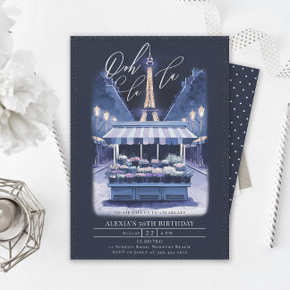 Paris Eiffel Night Floral Watercolor 50. Geburtsta Einladung